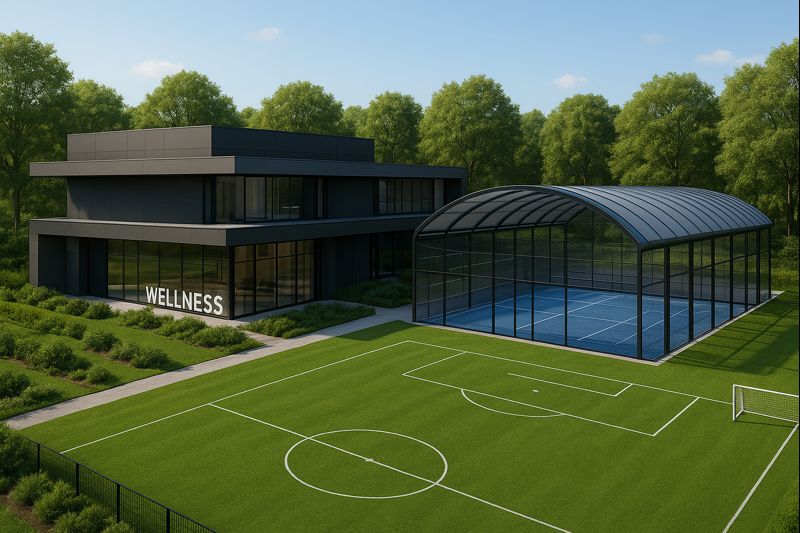 Vista esterna del complesso Altium con campi da calcio e padel coperto